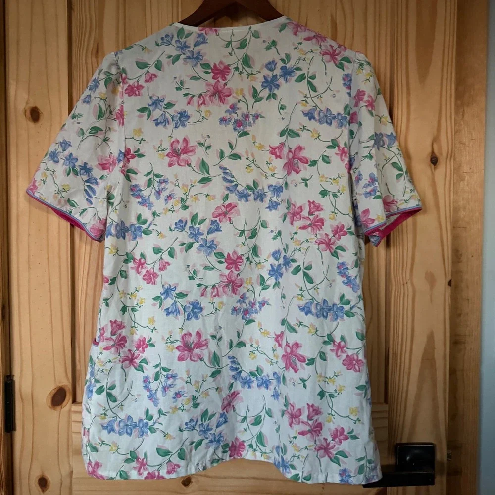 Vintage Floral Snap Front House Coat Short Sleeve Duster White Pink Blue Pockets